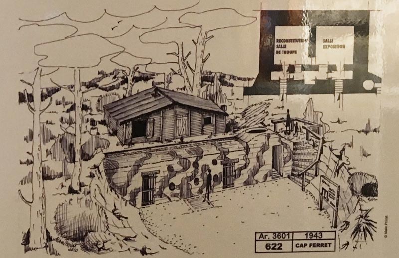 Dessin d'Alain Privat - vue du bunker en 1943 avec la cabane en bois sur le toit du bunker.