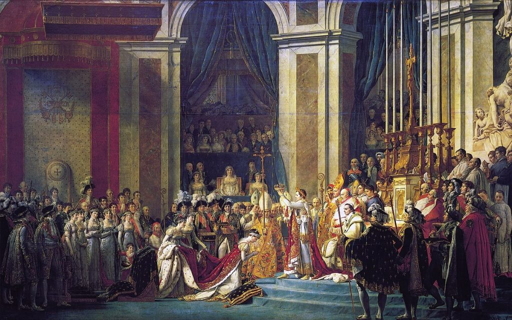 "Le Sacre de Napoléon" de Jacques-Louis David. Napoléon au centre qui couronne Joséphine de Beauharnais, sa femme. La mère de Napoléon trône au centre. 