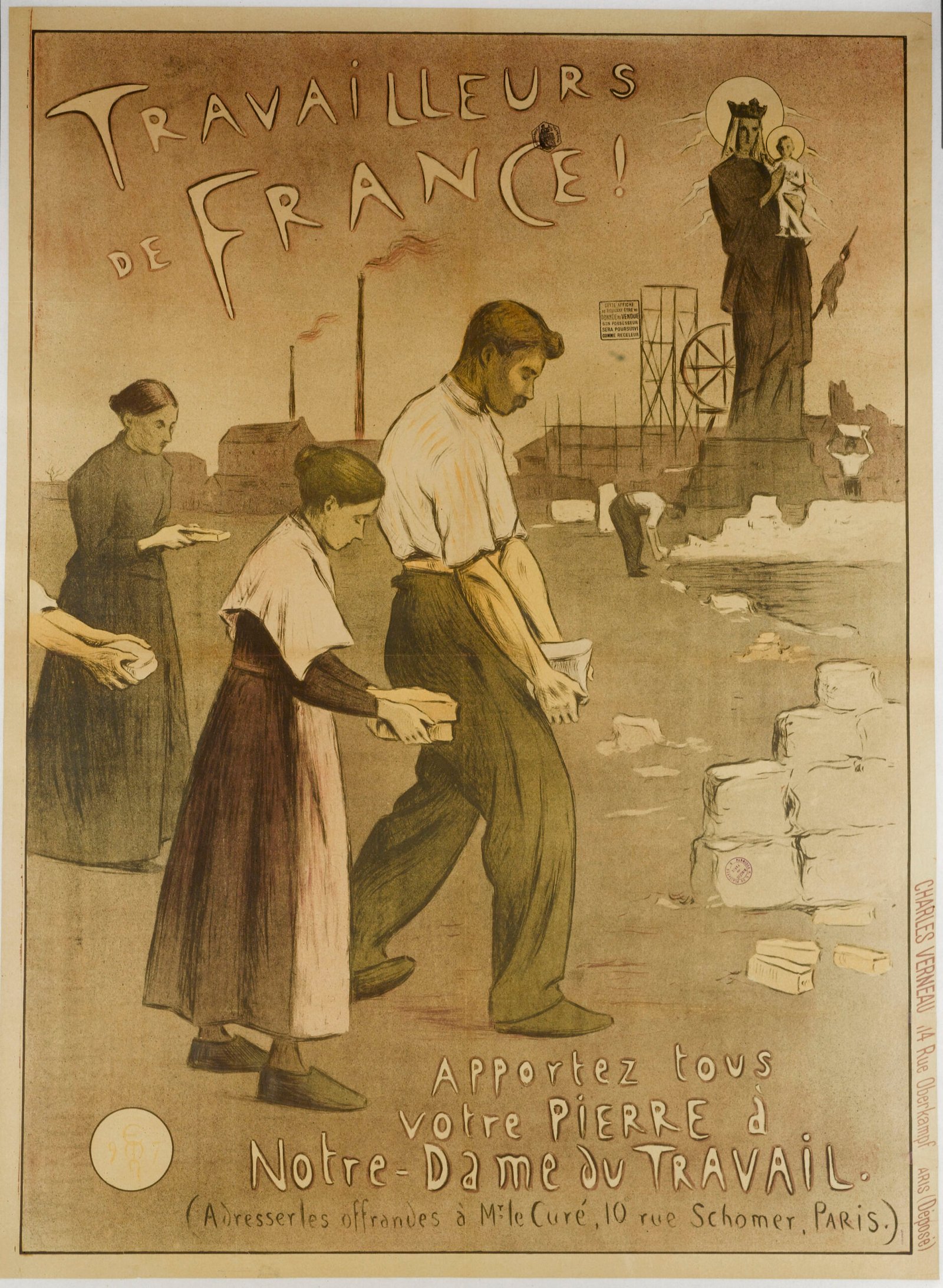 Affiche Travailleurs de France pour la construction de Notre-Dame-du-Travail en 1897