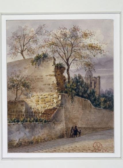 Aquarelle de 1844 montrant le mur de Philippe Auguste rue Clovis, Paris